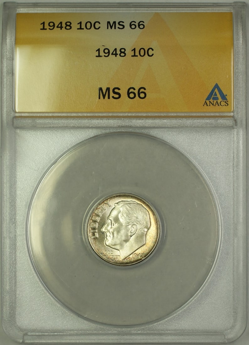 1948 Roosevelt Dime Silver 10C ANACS MS 66 With Attractive Reverse Toning: 1948 Roosevelt Dime Silver 10C ANACS MS 66 With Attractive Reverse Toning This 1948 Roosevelt Dime features beautiful reverse toning and has been certified by ANACS with an MS 66 grade. Struck in silv