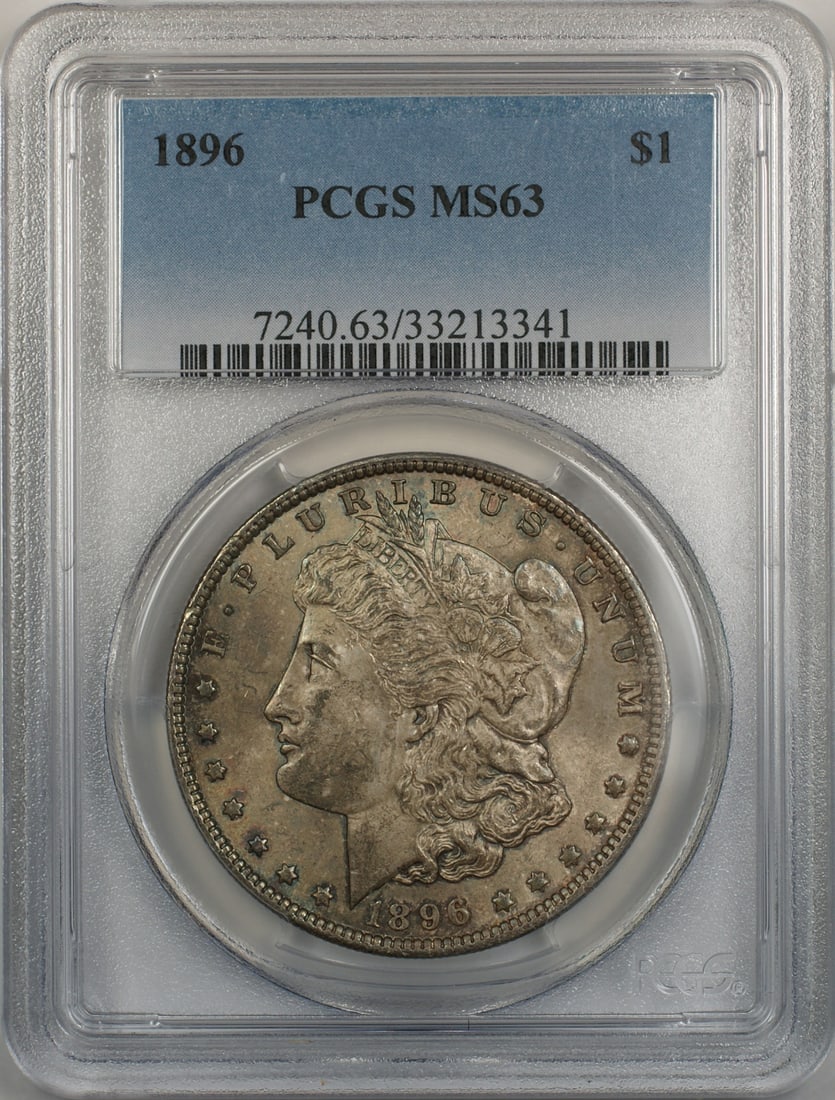 PCGS MS63 1896 Philadelphia Morgan Dollar Silver Uncirculated Coin: PCGS MS63 1896 Philadelphia Morgan Dollar Silver Uncirculated Coin This is an 1896 Morgan Silver Dollar $1 coin from the United States, graded MS 63 by PCGS. The coin is uncirculated and features natu