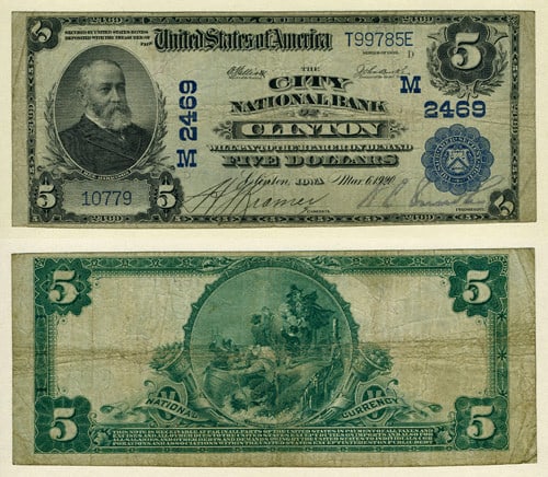 1902 Clinton Iowa $5 National Bank Note CH #2469 Fine+: 1902 Clinton Iowa $5 National Bank Note CH #2469 Fine+ This is a Fine+ grade National Bank Note from Clinton, Iowa, issued in 1902 with a denomination of $5. It is pre-owned and features item number C
