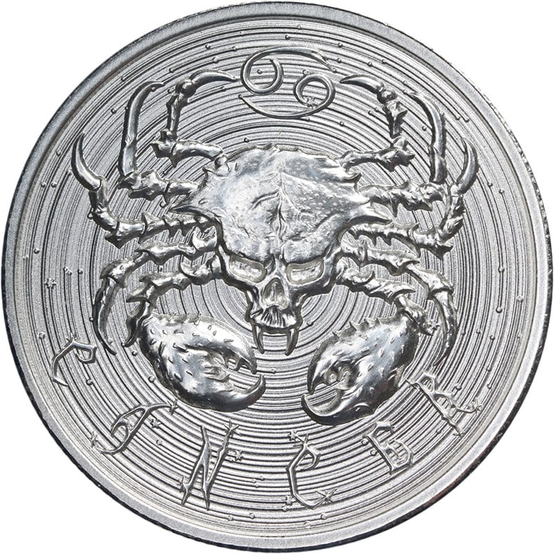 2 Ounce Silver Intaglio Mint Zombie Zodiac Cancer High Relief 99.9% Fine: 2 Ounce Silver Intaglio Mint Zombie Zodiac Cancer High Relief 99.9% Fine This Intaglio Mint 2 Ounce Silver Zombie Zodiac - Cancer coin features a high relief design and is composed of 99.9% fine silve