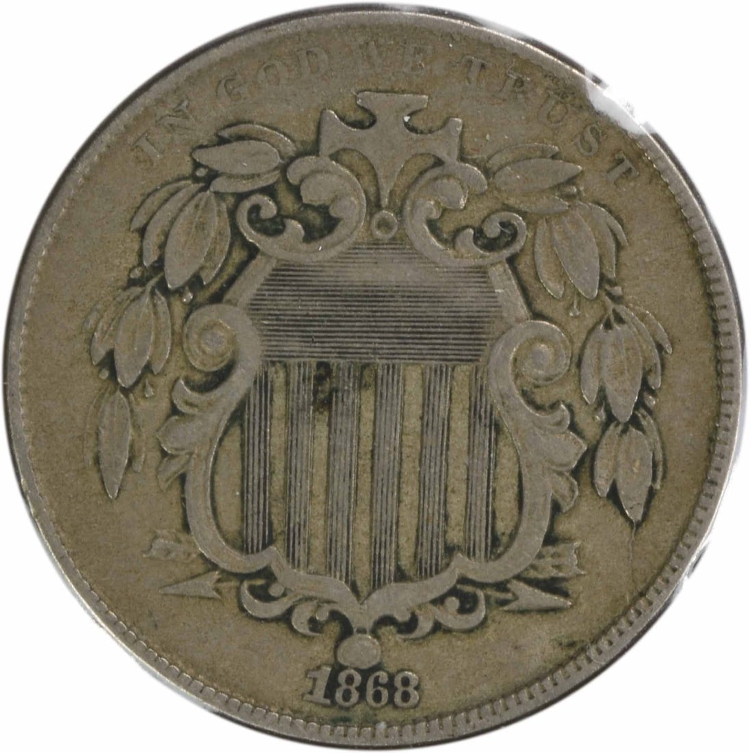 1868 Shield Nickel Var 1 FS-901 EF Uncertified Coin: 1868 Shield Nickel Var 1 FS-901 EF Uncertified Coin This 1868 Shield Nickel features a denomination of 5 cents and is an excellent addition for coin collectors. The coin, designed by James Barton Long