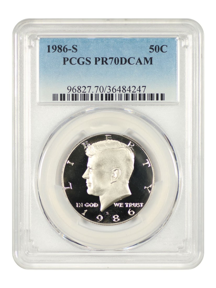 1986-S Kennedy Half Dollar PCGS PR70DCAM Uncirculated San Francisco: 1986-S Kennedy Half Dollar PCGS PR70DCAM Uncirculated San Francisco This 1986-S Kennedy Half Dollar is certified by PCGS with a perfect grade of PR70DCAM, indicating it is in uncirculated condition. M
