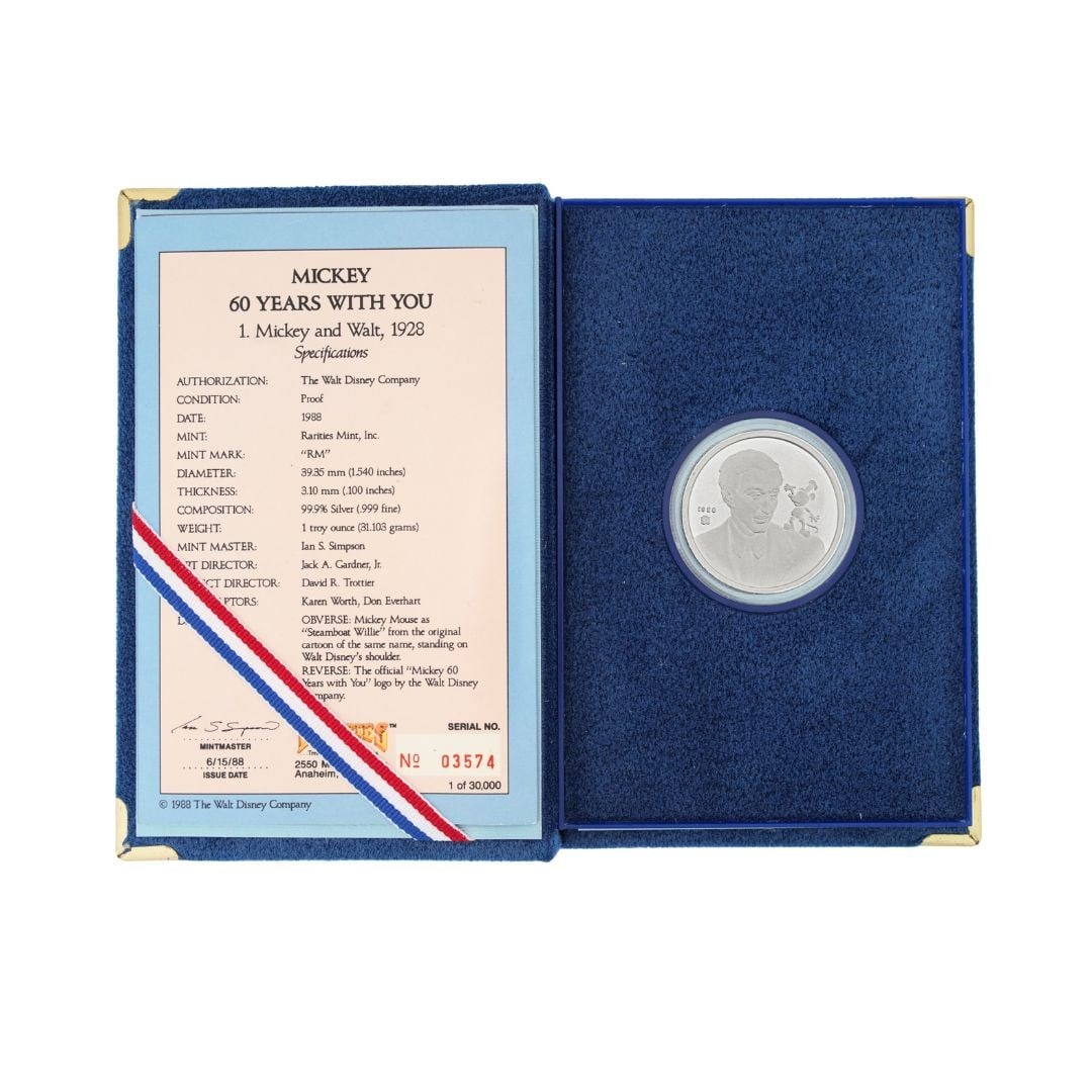 Disney Mickey Mouse 1988 1 oz .999 Silver Round: Disney Mickey Mouse 1988 1 oz .999 Silver Round This 1988 Disney Mickey Mouse 60 Years With You silver round commemorates six decades of the beloved character. Struck from 1 oz of .999 fine silver by 