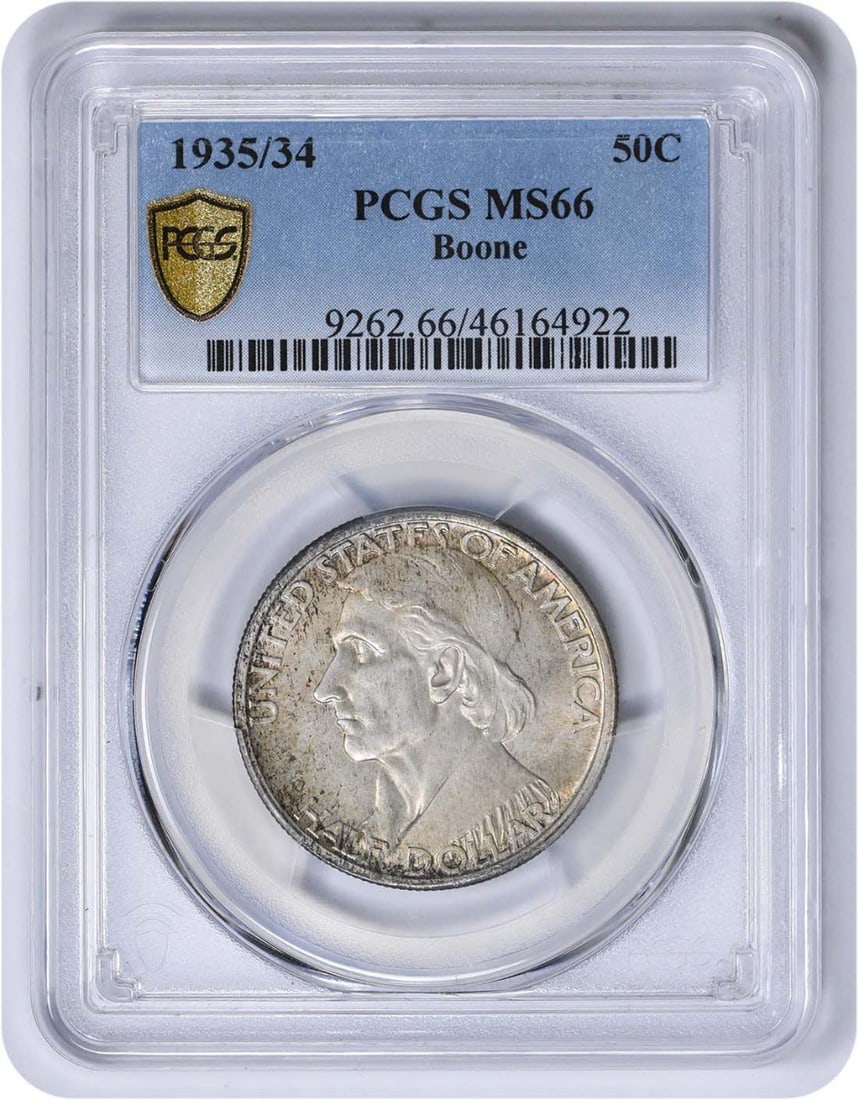 1935 Boone Silver Commemorative Half Dollar PCGS MS66 Certified Coin: 1935 Boone Silver Commemorative Half Dollar PCGS MS66 Certified Coin This Boone Commemorative Silver Half Dollar was minted in 1935 and certified by PCGS as MS66. Struck in Philadelphia, it commemorat