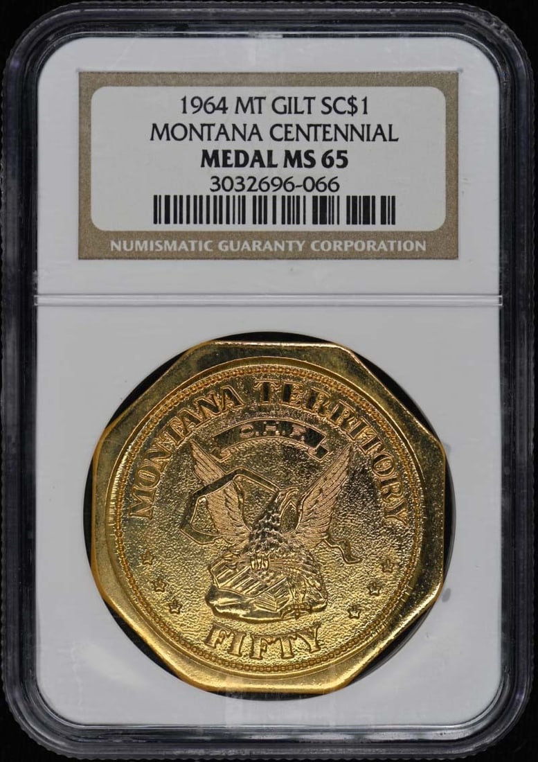 Montana Centennial Gilt Medal 1964 NGC MS65 Certified: Montana Centennial Gilt Medal 1964 NGC MS65 Certified This is a 1964 Montana Centennial Medal with a face value of $1, featuring a gilt (gold-plated) finish. The medal is un-used and has been graded M