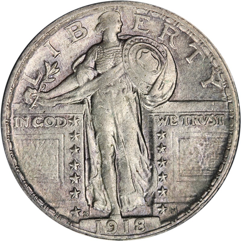 1918-S Standing Liberty Quarter Uncirculated Silver Coin Beautiful Luster: 1918-S Standing Liberty Quarter Uncirculated Silver Coin Beautiful Luster This 1918-S Standing Liberty Quarter showcases remarkable eye appeal and a pleasing luster. With an average strike, it feature