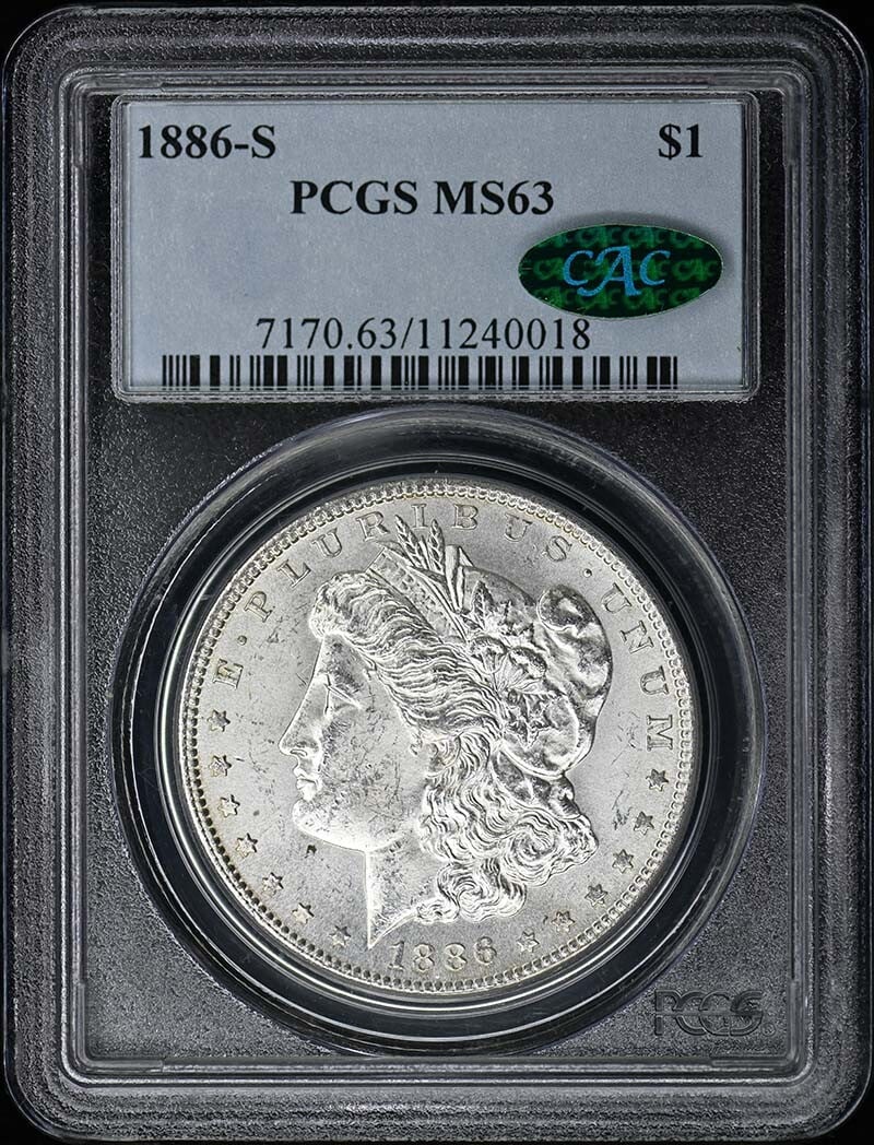 1886-S Morgan Dollar PCGS MS63 with CAC Certification: 1886-S Morgan Dollar PCGS MS63 with CAC Certification This 1886-S Morgan Dollar is a stunning representation of American coinage, graded MS63 by PCGS, with an additional CAC designation for quality as