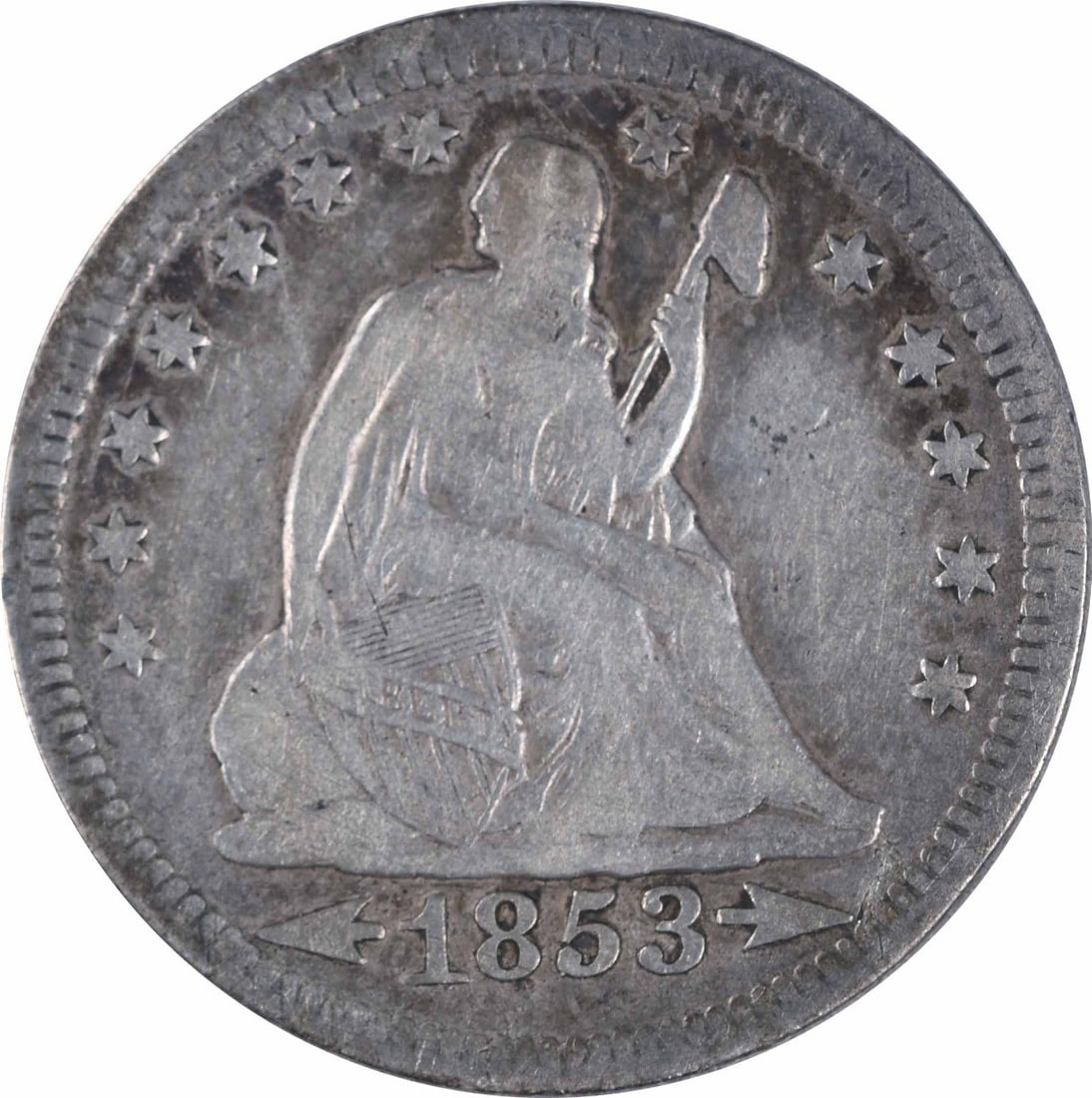 1853-O Liberty Seated Quarter Arrows Rays 25C Uncertified Silver Coin: 1853-O Liberty Seated Quarter Arrows Rays 25C Uncertified Silver Coin This 1853-O Liberty Seated Quarter features the Arrows and Rays design, representing a unique historical piece from the New Orlean