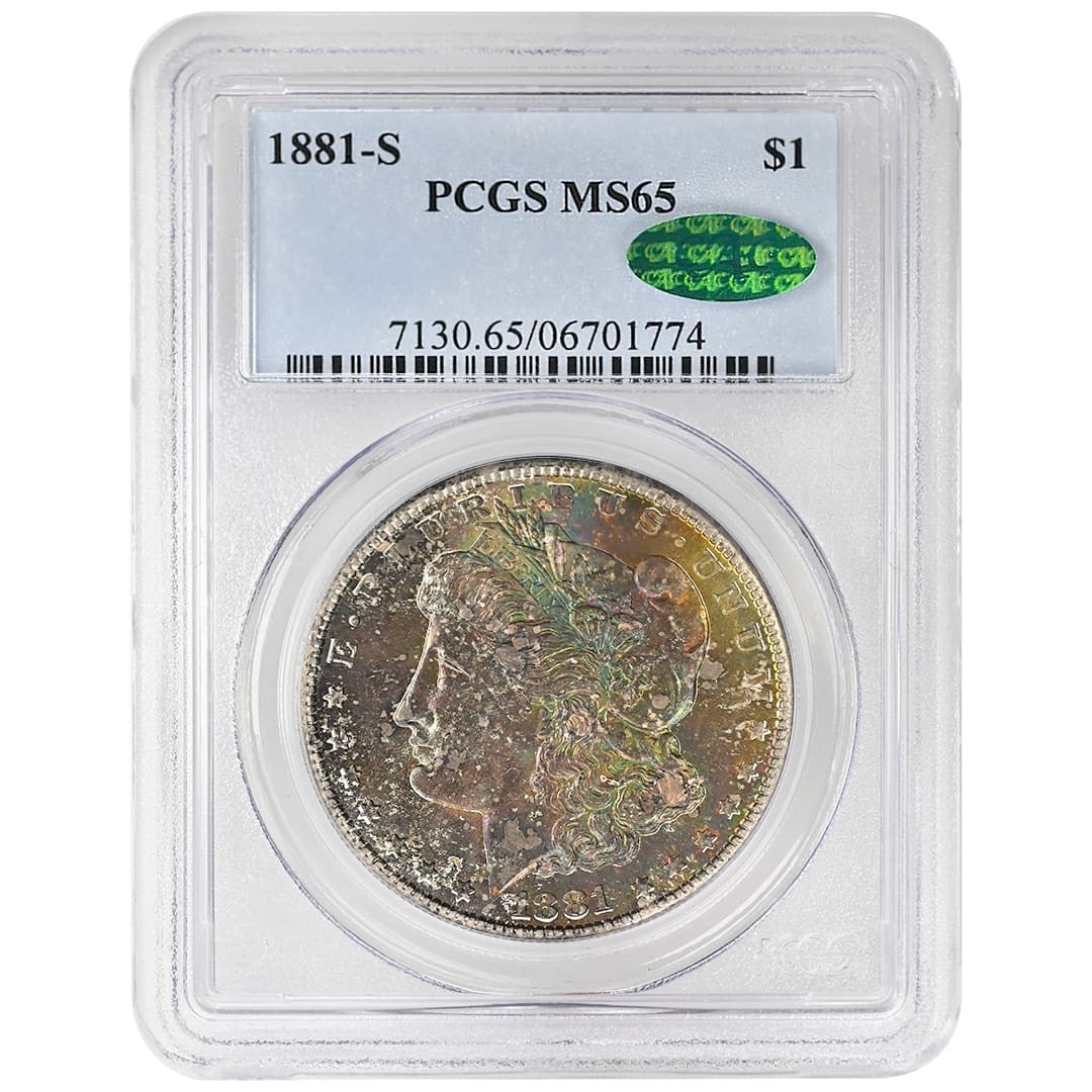 1881-S Morgan Silver Dollar PCGS CAC MS65: 1881-S Morgan Silver Dollar PCGS CAC MS65 This 1881 Morgan Dollar was minted in San Francisco and is composed of silver. It is certified by both PCGS and CAC, with a grade of MS65. The coin is uncircu