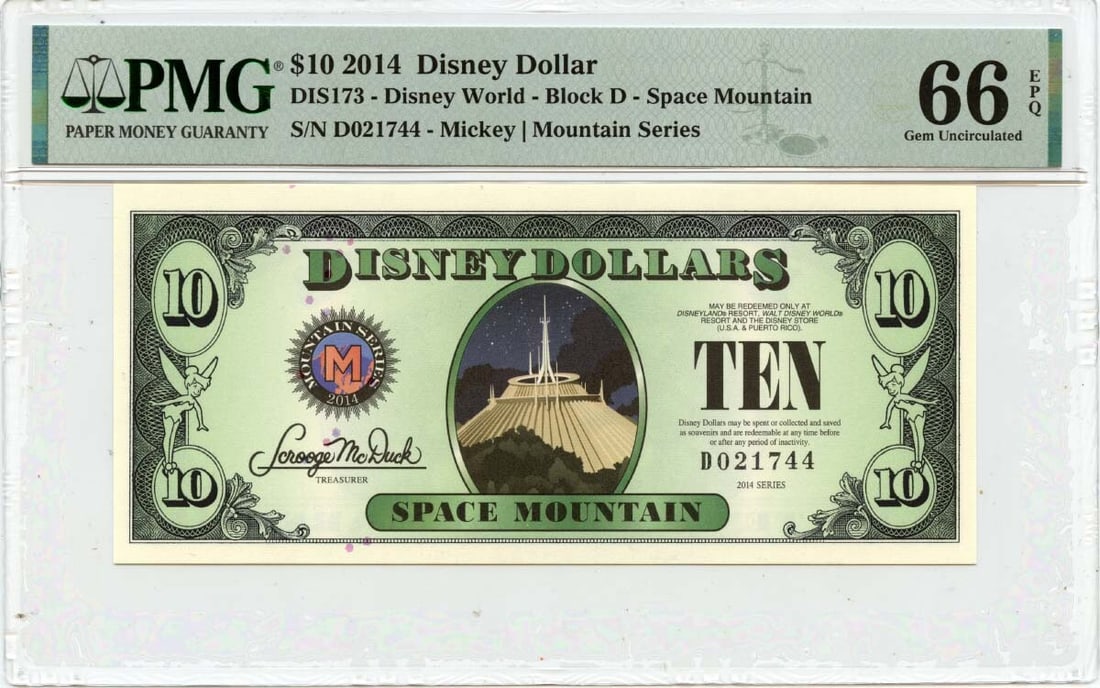 PMG MS66 2014 Ten Dollar Disney Space Mountain Note: PMG MS66 2014 Ten Dollar Disney Space Mountain Note This 2014 $10 Disney Dollar features the Space Mountain design and is graded MS66 by PMG. The note is uncirculated and comes from the United States.