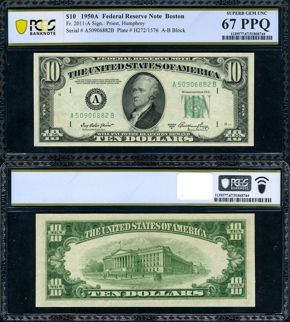 1950-A $10 Boston Federal Reserve Note PCGS Superb Gem 67 PPQ: 1950-A $10 Boston Federal Reserve Note PCGS Superb Gem 67 PPQ This is a 1950-A $10 Federal Reserve Note from Boston, A-B Block, certified by PCGS as Superb Gem 67 PPQ. The note features excellent pape