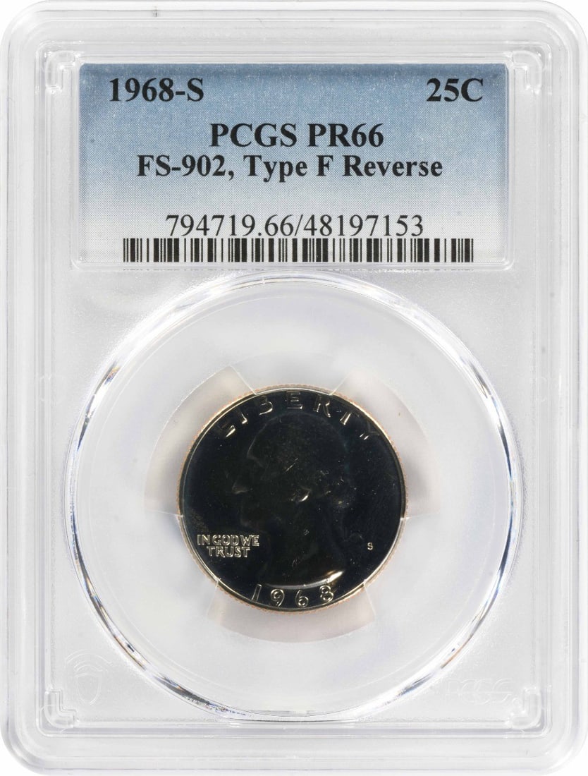 PCGS PR66 1968-S Washington 25C Proof Silver Quarter: PCGS PR66 1968-S Washington 25C Proof Silver Quarter This is a 1968-S Washington Silver Quarter, graded PR66 by PCGS. It features the FS-902 Type F Reverse and is a proof strike coin produced at the S