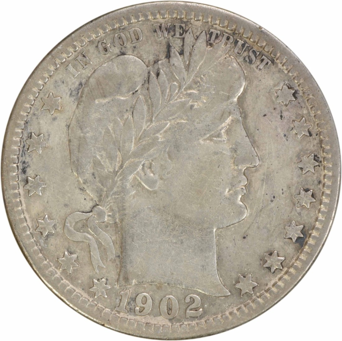 1902-O Barber Quarter 90% Silver VF Uncertified: 1902-O Barber Quarter 90% Silver VF Uncertified This 1902-O Barber Silver Quarter is a noteworthy addition to any coin collection. Struck in New Orleans, this coin features the iconic design by Charle