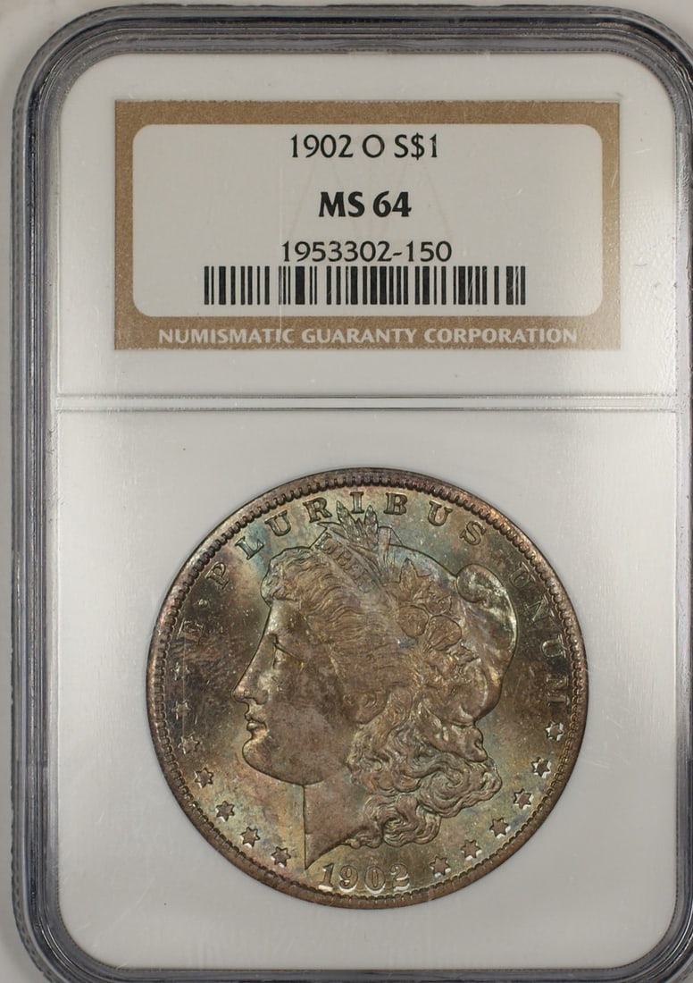 NGC MS 64 1902-O Silver Morgan Dollar with Toned Obverse: NGC MS 64 1902-O Silver Morgan Dollar with Toned Obverse This 1902-O Morgan Silver Dollar features a nicely toned obverse and has been certified by NGC with a grade of MS 64. Minted in New Orleans, th