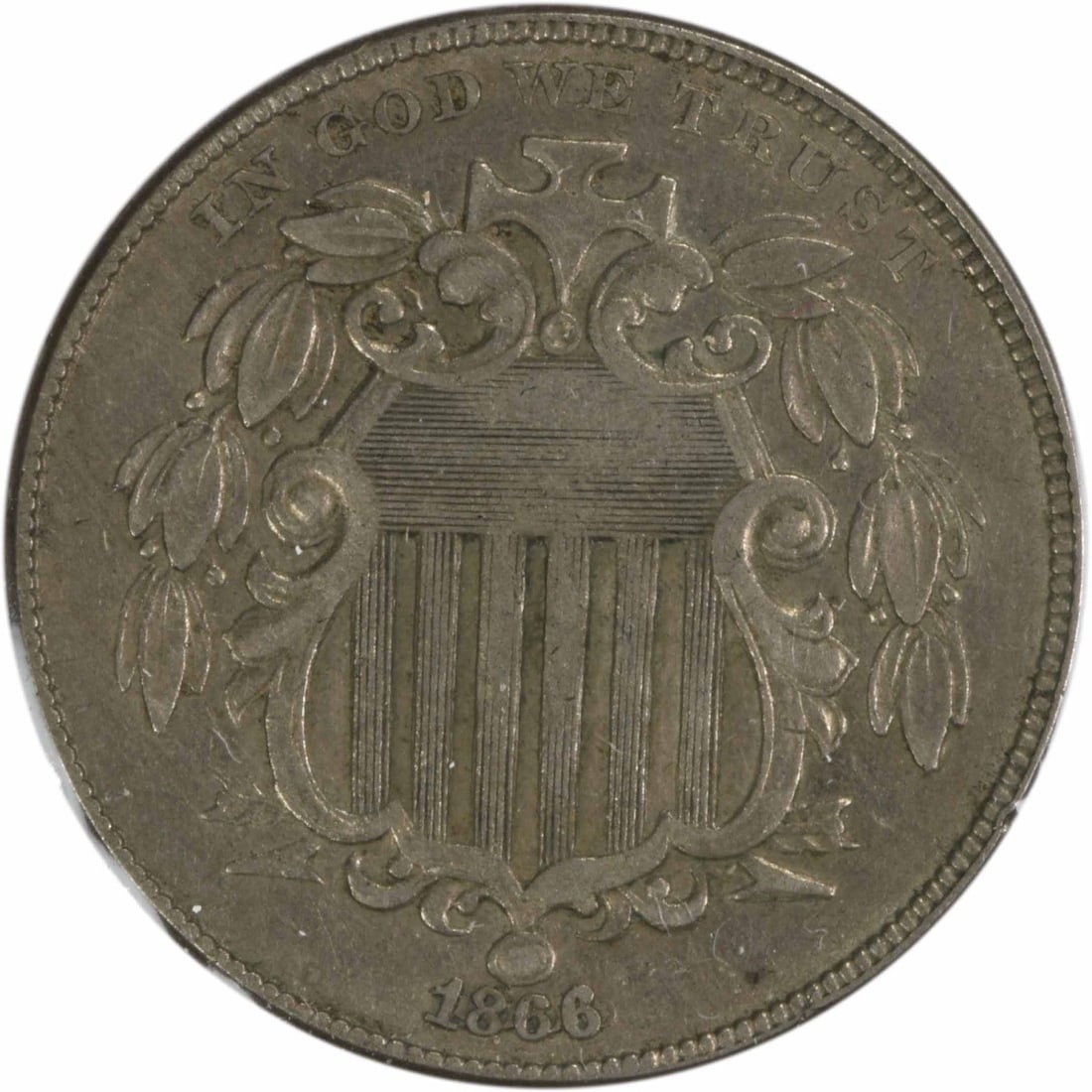 1866 Shield Nickel AU Uncertified James Barton Longacre 5C Coin: 1866 Shield Nickel AU Uncertified James Barton Longacre 5C Coin This 1866 Shield Nickel is a striking piece of numismatic history, featuring a design by James Barton Longacre. The coin, which is in AU