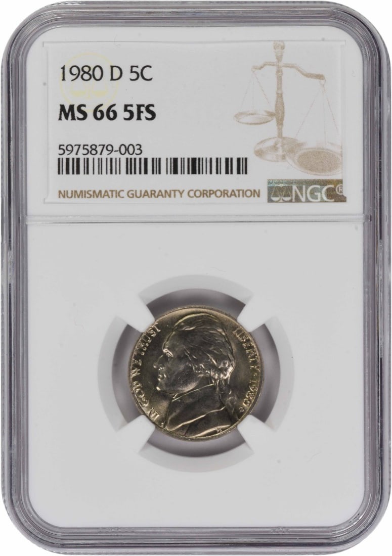 MS66 1980 Denver Jefferson Nickel NGC Certified 5C Five Full Steps: MS66 1980 Denver Jefferson Nickel NGC Certified 5C Five Full Steps This is a 1980-D Jefferson Nickel certified by NGC with a grade of MS66 and the 5 Full Steps (5FS) designation. The coin is uncircula