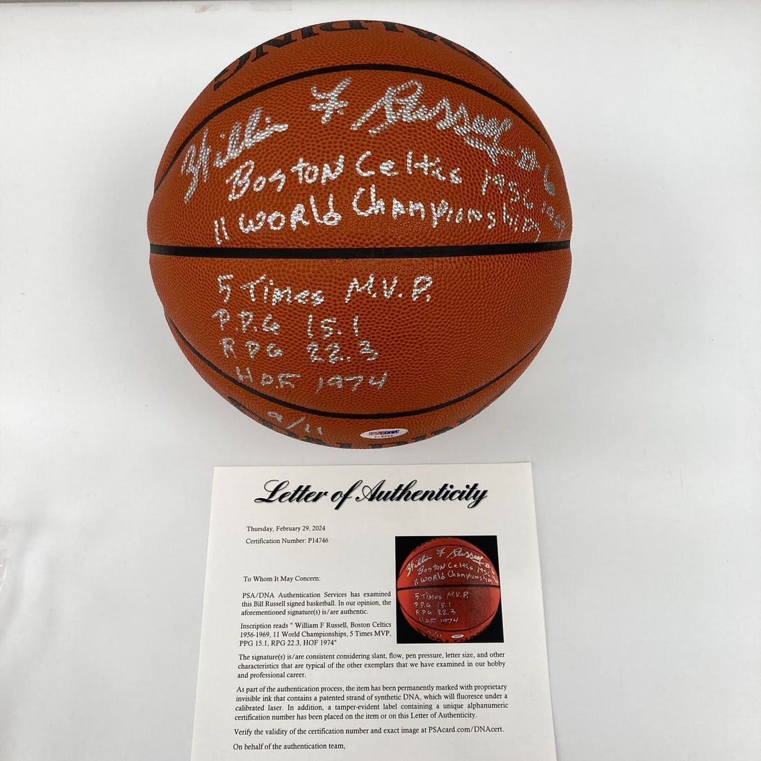 Bill Russell Signed Basketball Limited Edition #9/11 with Inscriptions PSA DNA: Bill Russell Signed Basketball Limited Edition #9/11 with Inscriptions PSA DNA Celebrate the legacy of Bill Russell with this limited-edition (#9/11) Spalding NBA basketball, signed and heavily inscri