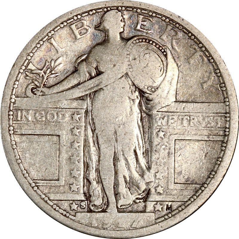 1917 San Francisco Mint Type 1 Standing Liberty Silver Quarter: 1917 San Francisco Mint Type 1 Standing Liberty Silver Quarter This is a 1917-S Type 1 Standing Liberty Quarter composed of silver with a fineness of 0.9. Minted in San Francisco, this circulated coin