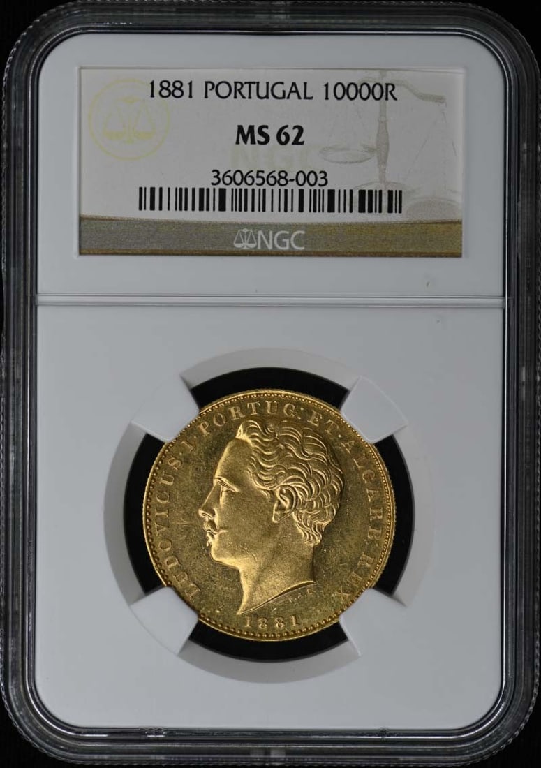 NGC MS62 1881 Portugal 10000 Reis Gold Coin 19000 Minted .5529oz: NGC MS62 1881 Portugal 10000 Reis Gold Coin 19000 Minted .5529oz This 1881 Portugal 10000 Reis coin is certified by NGC and graded MS62, indicating it is in uncirculated condition. With a mintage of 1