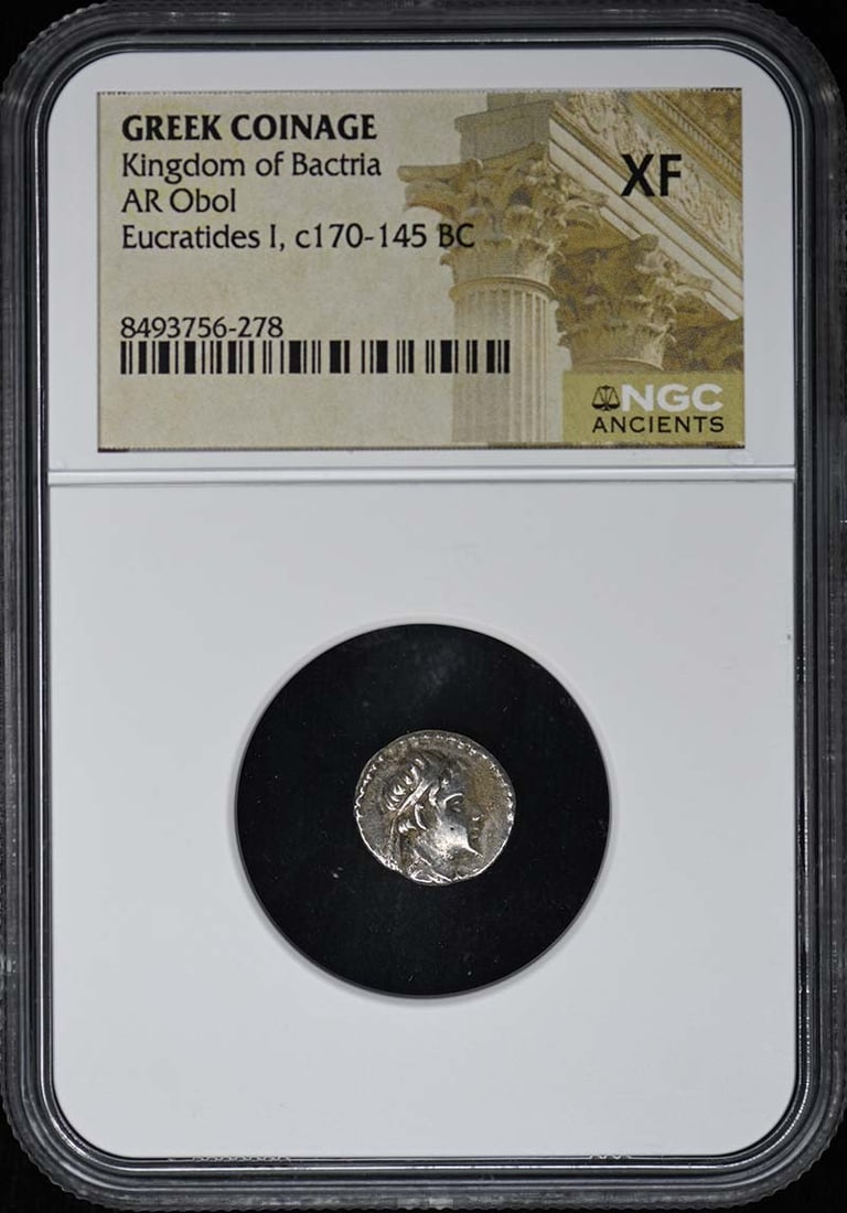 NGC XF AR Obol from Kingdom of Bactria Greek Coinage: NGC XF AR Obol from Kingdom of Bactria Greek Coinage This Kingdom of Bactria Greek coin is an AR Obol, professionally graded XF (Extremely Fine) by NGC. It originates from Greece and has been certifie