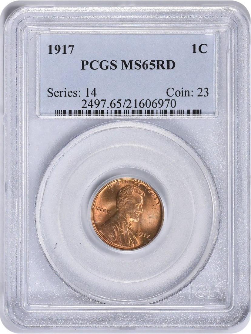 PCGS MS65RD Lincoln Wheat Cent 1917 Philadelphia Mint: PCGS MS65RD Lincoln Wheat Cent 1917 Philadelphia Mint This is a 1917 Lincoln Wheat Cent graded MS65 Red by PCGS. Struck at the Philadelphia Mint, the coin is uncirculated and composed of 95% copper wi