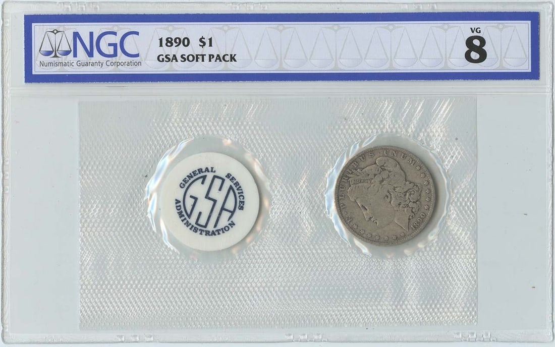 1890 Philadelphia Morgan Silver Dollar NGC VG8 GSA Soft Pack: 1890 Philadelphia Morgan Silver Dollar NGC VG8 GSA Soft Pack This 1890 Morgan Dollar is certified by NGC with a grade of VG8 and comes in a GSA soft pack. Minted in Philadelphia, this circulated coin 