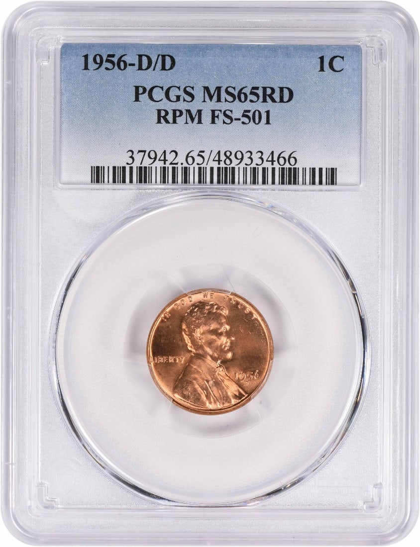 PCGS MS65RD 1956-D/D Lincoln Wheat Cent RPM FS-501: PCGS MS65RD 1956-D/D Lincoln Wheat Cent RPM FS-501 This is a 1956-D/D Lincoln Wheat Cent featuring a repunched mintmark (RPM FS-501). Graded MS65RD by PCGS, this uncirculated coin is composed of coppe