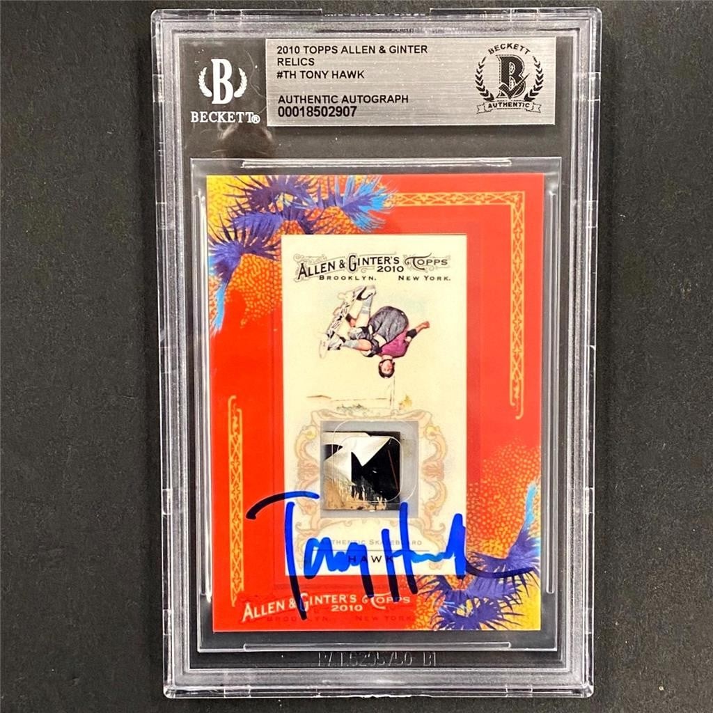Tony Hawk 2010 Topps Allen Ginter Skateboard Relic Autographed BAS: Tony Hawk 2010 Topps Allen Ginter Skateboard Relic Autographed BAS This is a 2010 Topps Allen & Ginter sports trading card featuring professional skateboarder Tony Hawk. The card is an original, hard-