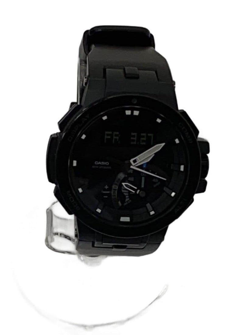 Casio Pro Trek Black Leather Men's Wristwatch: Casio Pro Trek Black Leather Men's Wristwatch This CASIO PROTREK men's quartz wristwatch features a black leather band and a robust design. Made in Japan, it is in slightly used condition, offering re