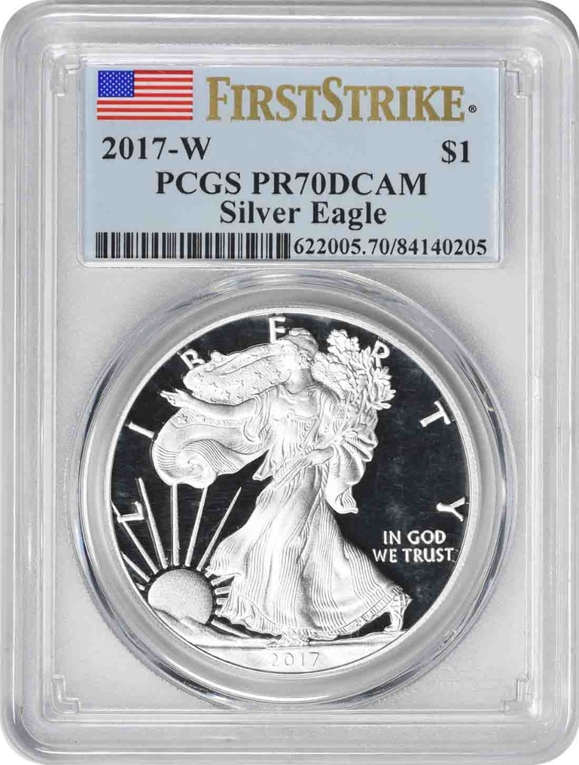 2017-W Proof Silver Eagle Dollar PCGS PR70DCAM First Strike: 2017-W Proof Silver Eagle Dollar PCGS PR70DCAM First Strike This is a 2017-W American Silver Eagle coin, graded PR70 Deep Cameo by PCGS and designated as a First Strike. The proof coin was minted at t