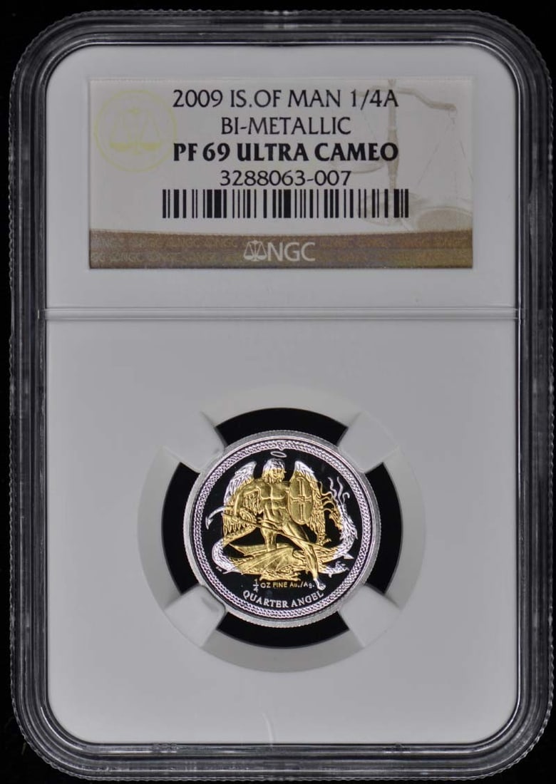 2009 Isle of Man Bi-Metallic 1/4A Coin NGC PR69: 2009 Isle of Man Bi-Metallic 1/4A Coin NGC PR69 This is a 2009 bi-metallic 1/4 Angel coin from the Isle of Man, certified by NGC with a PR69 Deep Cameo grade. The coin is un-used and comes from the Un