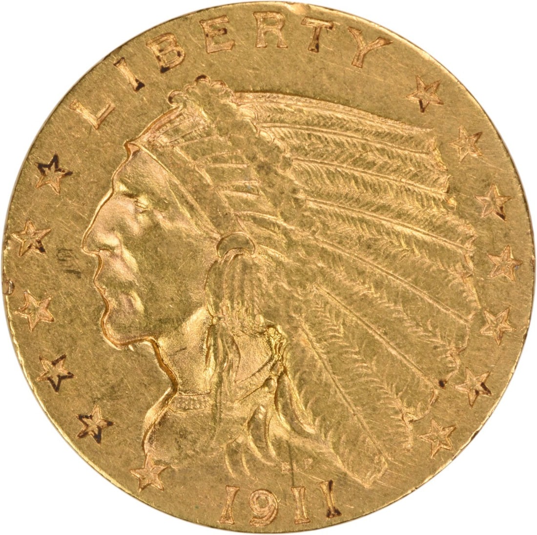 1911 Indian Head $2.50 Gold Coin AU Grade Uncertified US Issue: 1911 Indian Head $2.50 Gold Coin AU Grade Uncertified US Issue This 1911 $2.50 Indian Head gold coin was struck at the Philadelphia Mint and features the iconic design by Bela Lyon Pratt. Composed of 