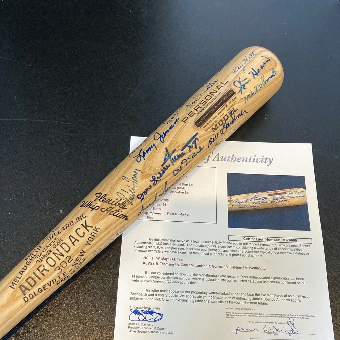 Willie Mays Signed New York Giants Bat 24 Autographs JSA COA: Willie Mays Signed New York Giants Bat 24 Autographs JSA COA Celebrate the legacy of baseball with this authentic signed baseball bat featuring the iconic signatures of Willie Mays, Bobby Thompson, an