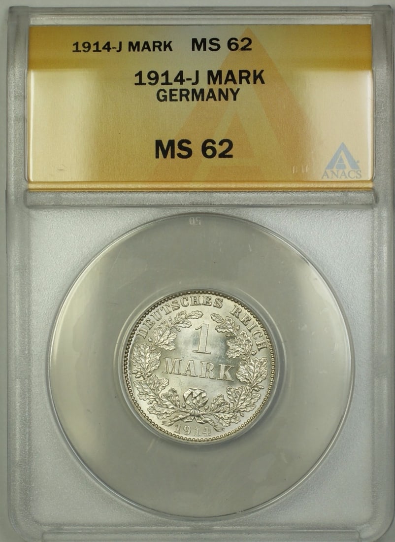 Germany 1914-J Silver 1 Mark Coin ANACS MS-62 Certified: Germany 1914-J Silver 1 Mark Coin ANACS MS-62 Certified This is a 1914-J Germany 1 Mark silver coin graded MS-62 by ANACS. The coin originates from Germany, dates to 1914, and is certified by ANACS. I