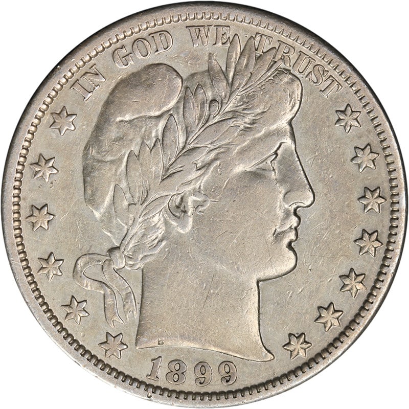 1899-S Barber Half Dollar Silver Choice XF Details: 1899-S Barber Half Dollar Silver Choice XF Details This 1899-S Barber Half Dollar features strong eye appeal and a well-defined strike. The coin is graded Choice XF Details and has been lightly cleane