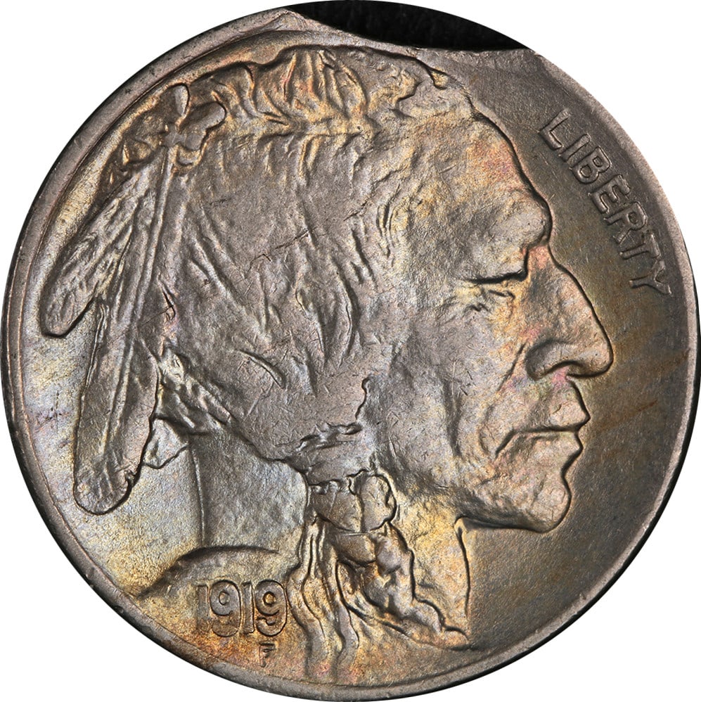 1919-S Buffalo Nickel Clipped Planchet Error Choice BU: 1919-S Buffalo Nickel Clipped Planchet Error Choice BU This 1919-S Buffalo Nickel features a rare 'Clipped Planchet' error, showcasing superb eye appeal and a nice strike. The coin exhibits outstandin
