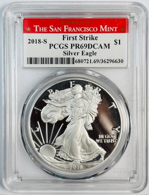 PCGS PR69 2018 San Francisco Silver Eagle First Strike Proof Dollar Coin: PCGS PR69 2018 San Francisco Silver Eagle First Strike Proof Dollar Coin This 2018 S Silver Eagle is a proof coin graded PR-69 Deep Cameo by PCGS and designated as a First Strike. Struck at the San Fr