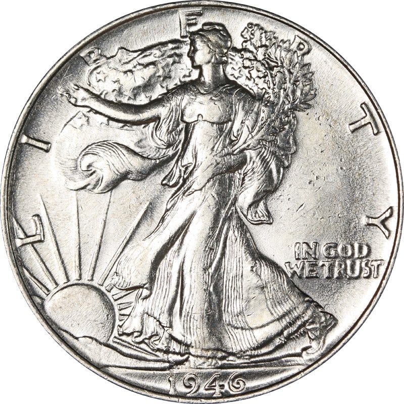 1946 P Walking Liberty Half Silver Doubled Die Reverse: 1946 P Walking Liberty Half Silver Doubled Die Reverse This 1946-P Walking Liberty Half Dollar features a doubled die reverse. The coin is composed of silver with a fineness of 0.9 and was minted in P
