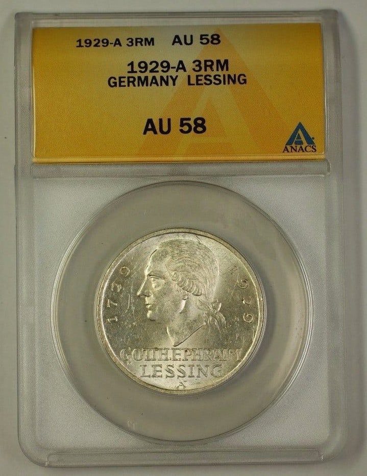 1929-A Three Reichsmark Silver Germany Coin ANACS AU 58 Gotthold Lessing: 1929-A Three Reichsmark Silver Germany Coin ANACS AU 58 Gotthold Lessing This 1929-A Germany Three Reichsmark silver coin features Gotthold Ephraim Lessing and has been certified by ANACS with a grade