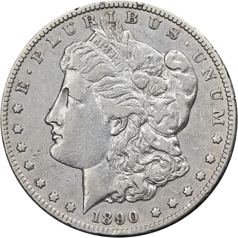 1890 CC Morgan Dollar XF Details Nice Strike: 1890 CC Morgan Dollar XF Details Nice Strike This 1890-CC Morgan Silver Dollar is a circulated coin featuring extra fine (XF) details. It is composed of silver with a fineness of 0.9 and was minted in