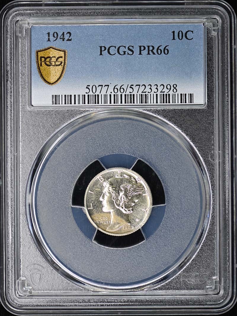 1942 Proof Mercury Dime PCGS PR66: 1942 Proof Mercury Dime PCGS PR66 This is a 1942 Mercury Dime graded PR66 by PCGS. Struck as a proof coin at the Philadelphia Mint, it remains uncirculated and is classified as pre-owned. The coin is 