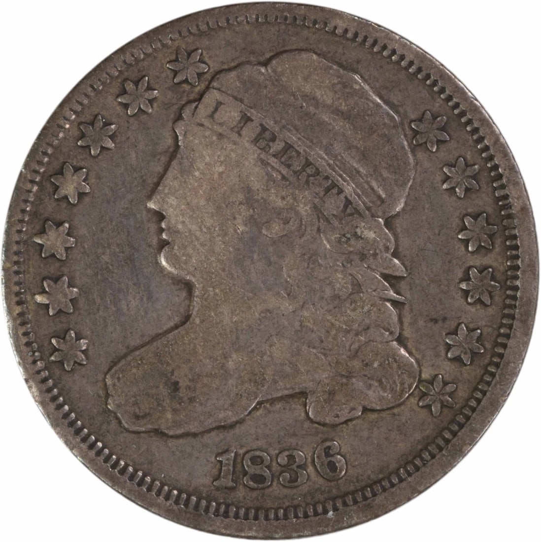 1836 Capped Bust Dime Philadelphia Fine Grade Uncertified: 1836 Capped Bust Dime Philadelphia Fine Grade Uncertified This 1836 Capped Bust silver dime from the Philadelphia Mint is a circulated coin featuring the design by John Reich. Graded as F (Fine), it i