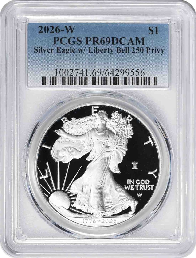 2026-W PCGS PR69DCAM Silver Eagle Liberty Bell 250 Privy Dollar: 2026-W PCGS PR69DCAM Silver Eagle Liberty Bell 250 Privy Dollar This 2026-W $1 American Silver Eagle features the Liberty Bell 250 privy mark and is struck in proof quality. Certified by PCGS with a g