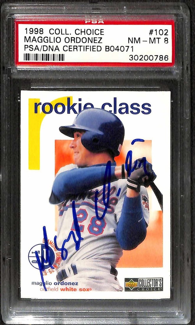 1998 Upper Deck Collectors Choice Magglio Ordonez Signed Rookie Card PSA NM-MT 8: 1998 Upper Deck Collectors Choice Magglio Ordonez Signed Rookie Card PSA NM-MT 8 This is an autographed 1998 Upper Deck Collector's Choice Rookie Card #102 featuring Magglio Ordonez, formerly of the C