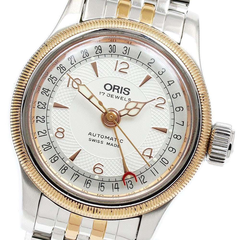 Oris Big Crown Pointer Date 7550 Womens Automatic Wristwatch: Oris Big Crown Pointer Date 7550 Womens Automatic Wristwatch This pre-owned ORIS Big Crown Pointer Date women's wristwatch features a stainless steel and gold-plated case and bracelet with a silver di