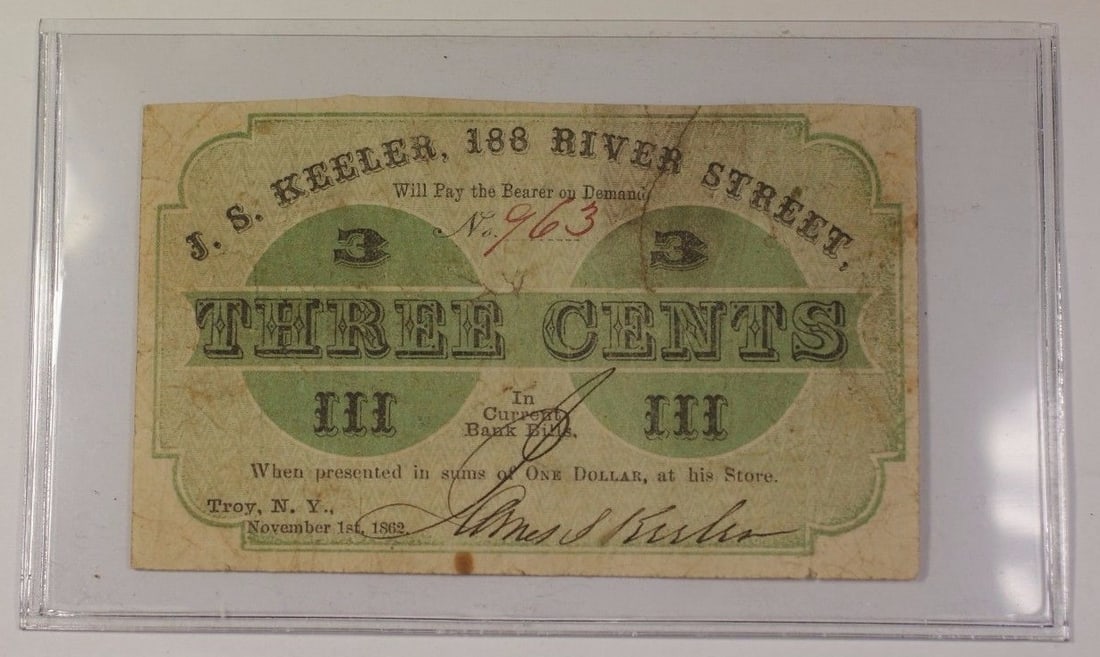 Three Cent 1862 JS Keeler Merchant Scrip Troy New York Currency: Three Cent 1862 JS Keeler Merchant Scrip Troy New York Currency This is an 1862 obsolete merchant scrip note denominated at three cents, issued by J.S. Keeler at 188 River Street, Troy, NY. The note i