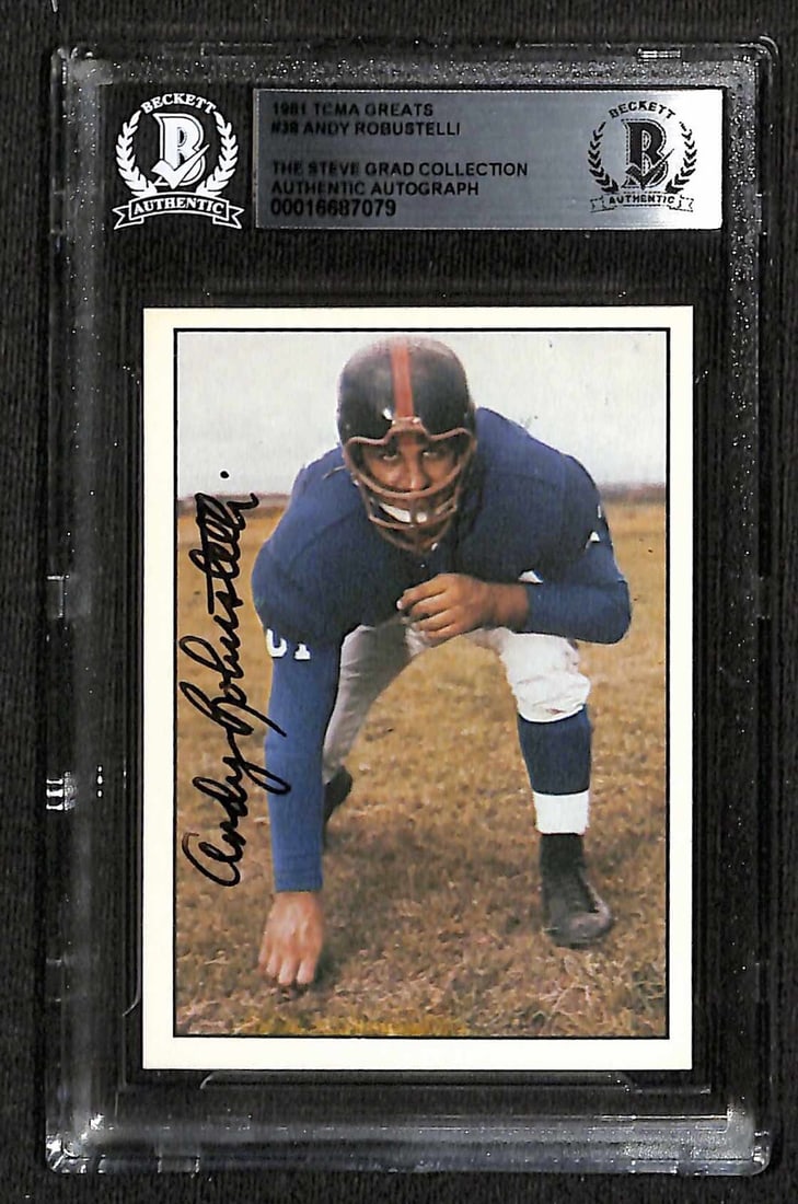 Autographed 1981 TCMA Greats #38 Andy Robustelli Football Card Beckett Authenticated: Autographed 1981 TCMA Greats #38 Andy Robustelli Football Card Beckett Authenticated This is an original 1981 TCMA Greats #38 sports trading card featuring New York Giants defensive end Andy Robustell