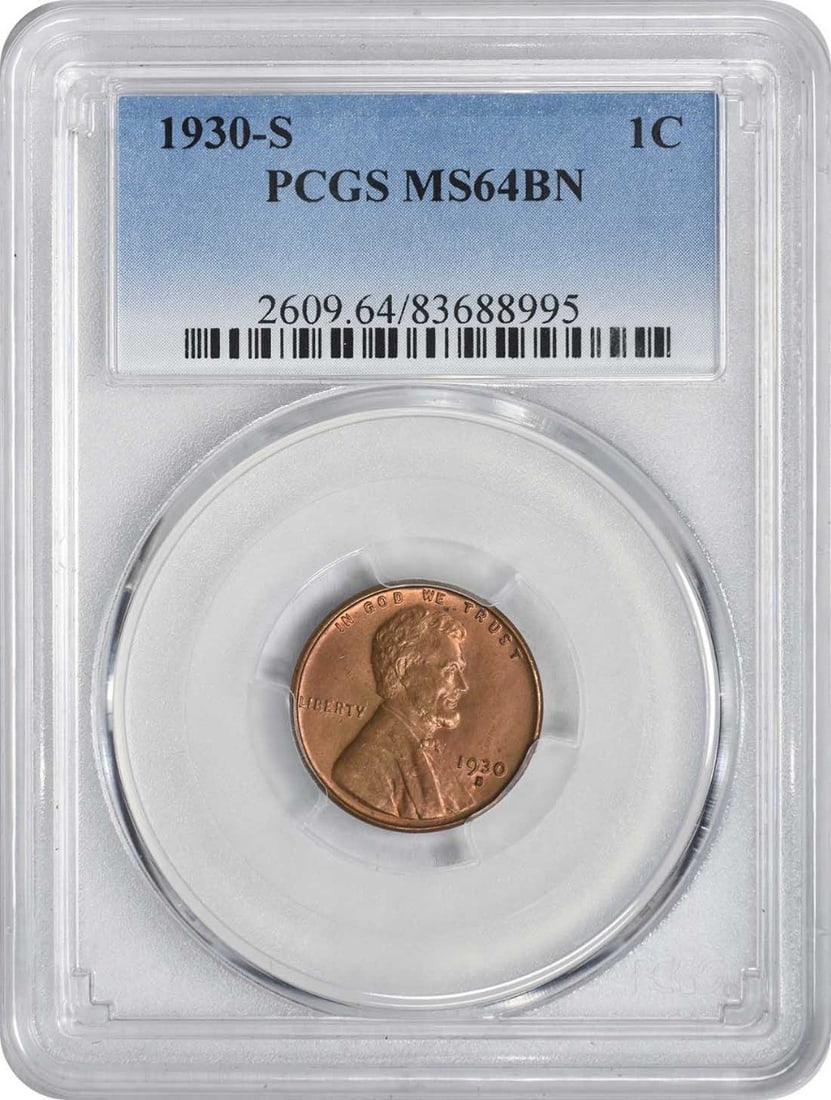 1930-S/S Lincoln Wheat Cent MS64BN PCGS Uncirculated: 1930-S/S Lincoln Wheat Cent MS64BN PCGS Uncirculated This 1930-S Lincoln Cent showcases the RPM 3 variety, graded MS64BN by PCGS, reflecting its high-quality uncirculated condition. Minted in San Fran
