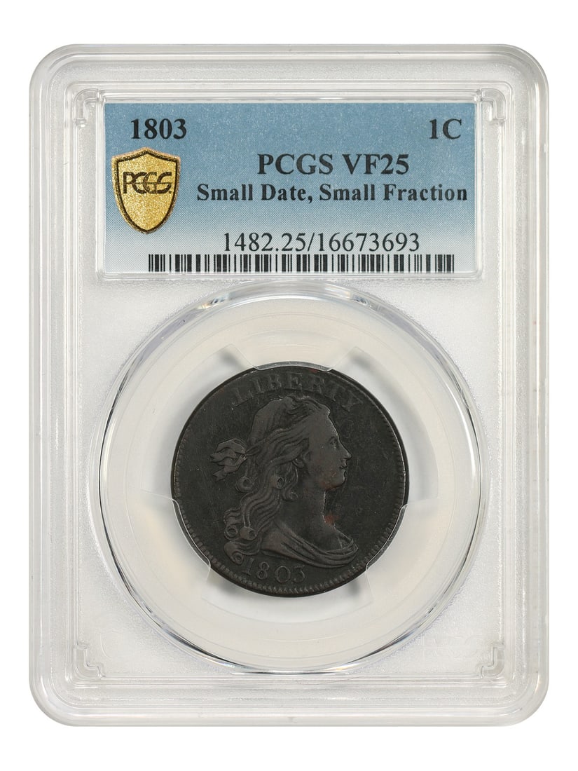 1803 Draped Bust 1C PCGS VF25 Small Date Small Fraction: 1803 Draped Bust 1C PCGS VF25 Small Date Small Fraction This is an 1803 Draped Bust Cent featuring the Small Date and Small Fraction variety. The coin is certified by PCGS and has a VF25 grade. It is 