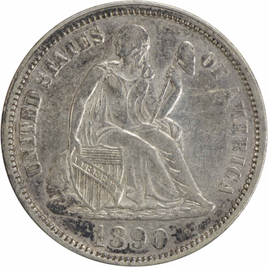 1890 Liberty Seated Silver Dime AU Uncertified 10C Philadelphia: 1890 Liberty Seated Silver Dime AU Uncertified 10C Philadelphia This 1890 Liberty Seated Silver Dime features a beautiful design by Christian Gobrecht, showcasing the iconic Seated Liberty. The coin i
